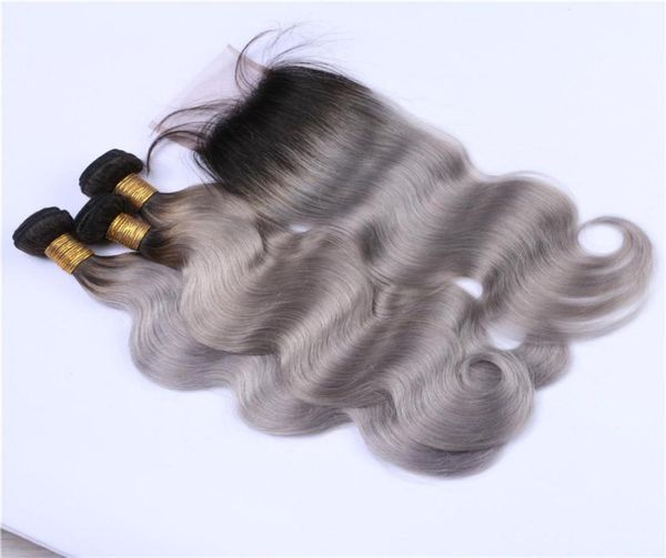 Due toni 1BGrey Ombre 4x4 chiusura in pizzo con 3 bundles onda del corpo nero e grigio argento Ombre capelli umani peruviani tesse con chiusura5522857