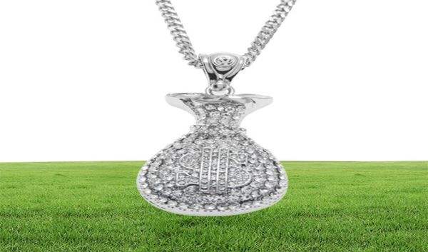 Hip Hop Antik Silber vergoldet Geld Tasche Anhänger für Männer Frauen Bling Kristall Dollar Charm Halskette lange kubanische Kette Schmuck9038724