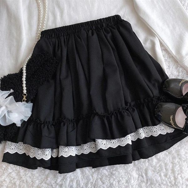 Saias Ruffled Lace Trim Lolita Saia Mulheres Verão Cintura Elástica Bonito Mini Japonês Estilo Preppy Doce Menina Kawaii Roupas