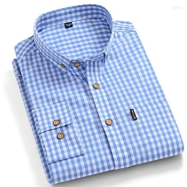 Camisas casuais masculinas xadrez de algodão fino para homens manga longa regular ajuste xadrez camisa masculina azul macio confortável masculino