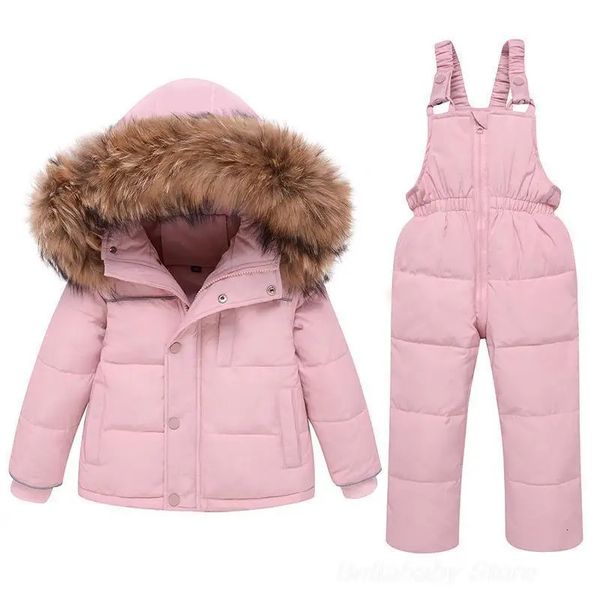 Crianças para baixo jaquetas conjunto de pele real inverno snowsuit menino menina roupas de esqui rosa 90% pato branco para baixo casaco macacão crianças conjuntos 231229