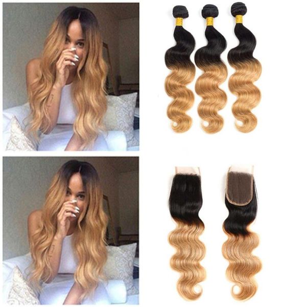 Malaisien Ombre Cheveux Humains Armure 3 Faisceaux Avec Fermeture 1B27 Blond Foncé Vague De Corps Vierge Extensions de Cheveux avec Fermeture En Dentelle5879900