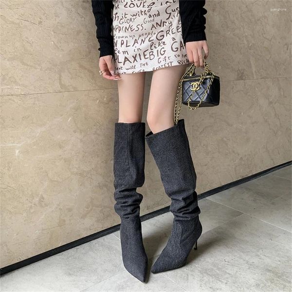 Сапоги 2024, осень/зима, женские на высоком каблуке-шпильке с острым носком, модные сапоги до колена для подиума, ковбойские