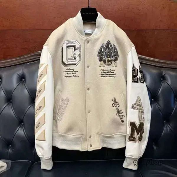 Off White Jacket AC MILANS Off Brand Высококачественное пальто для мужчин и женщин для любителей тяжелой промышленности с вышивкой из шерсти и кожаных рукавов-бомбы 7350
