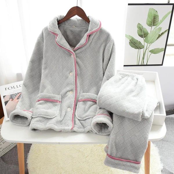 Damen-Nachtwäsche, warm, verdickt, Pyjama, Damen-Flanell-Winter-Pyjama-Set, langärmelig, große Größe, Heimkleidung, Damen-Nachtwäsche, Pijama Femenino