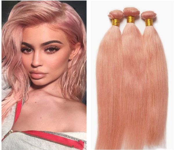 Fasci di capelli rosa Trame di capelli lisci in oro rosa Estensioni di capelli lisci umani brasiliani rosa 3pcslot4081083