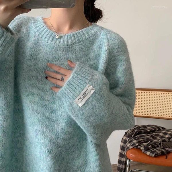 Damenpullover, koreanischer lockerer, flauschiger, mintgrüner Strickpullover, Pullover für Frauen, Herbst und Winter, lässiger O-Ausschnitt, Pendlerpullover, lange Ärmel