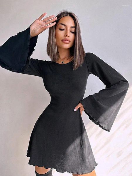 Vestidos casuais bandage vestido de renda mulheres outono alargamento manga cintura magro o-pescoço feminino mini moda sólida a linha senhora robe 2024