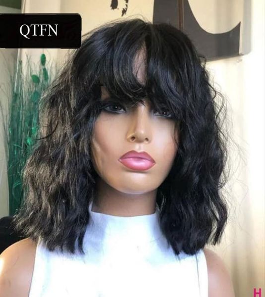 Onda encaracolada sem frente do laço perucas de cabelo humano com franja para preto feminino maching feito peruca remy cabelo brasileiro 2441569