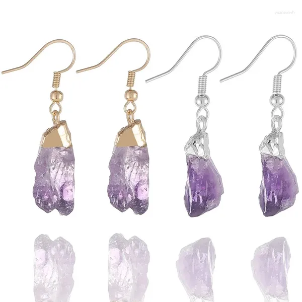 Baumelnde Ohrringe, unregelmäßiger natürlicher Amethyst-Quarz für Frauen, Heilstein, ungeschliffener roher lila Kristall-Schmuck