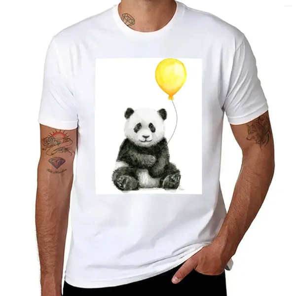 Polos masculinos bebê panda com balão amarelo caprichoso aquarela animal camiseta personalizada camisas de grandes dimensões para homem pacote