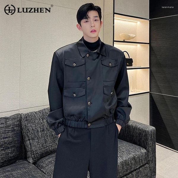Jaquetas masculinas Luzhen elegante elegante de alta qualidade cetim rua casual casaco coreano almofada de ombro muitos bolsos jaqueta homens tops 2024 primavera