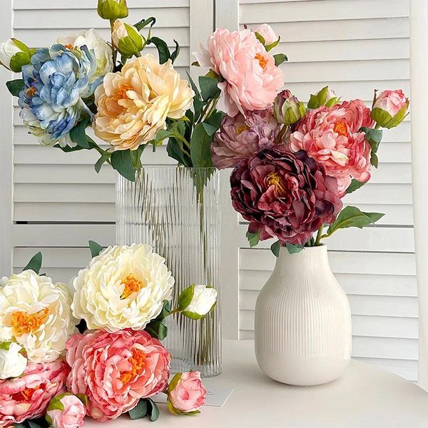 Flores decorativas simuladas pintura a óleo peônia 2 cabeças longo ramo casamento quarto arranjo de flores tiro adereços decoração de casa artificial