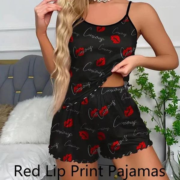 Kadın pijama kadınları pijama pijama set kamerya şortları siyah s m l kırmızı dudak baskısı kepçe boyun buz ipek rahat rahat