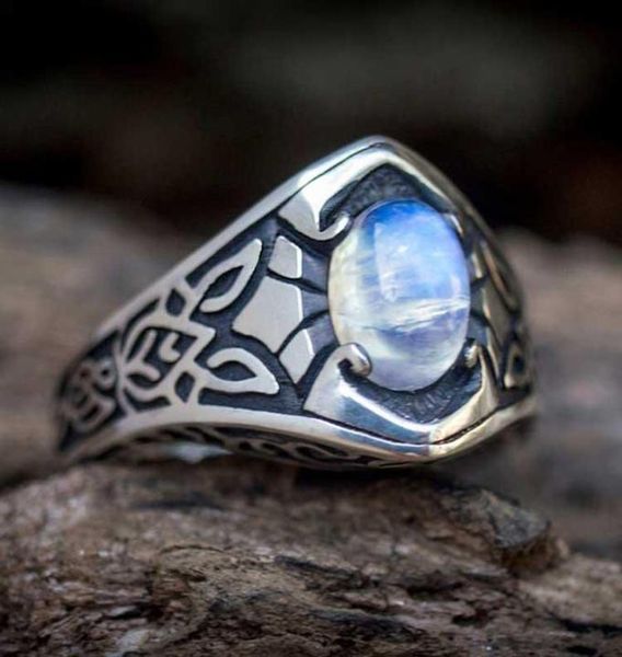 Anéis de casamento vintage retro esculpir medieval colorido moonstone anel de prata para homens nórdico celta masculino punk jóias 5521380