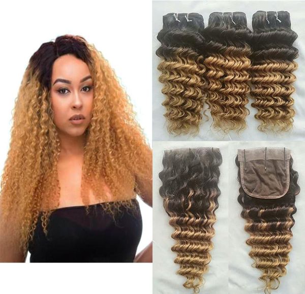 Cabelo virgem brasileiro 3 pacotes com fechamento de renda 44 1b27 mel loiro cabelo humano tecer pacotes de onda profunda com fechamento dois tons c2096780