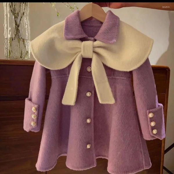 Giacche Abbigliamento per bambini coreano Cappotto di lana per ragazze Lunghezza media 2024 Autunno Fiocco viola occidentalizzato