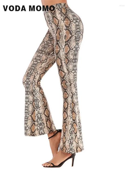 Calças femininas mulheres primavera verão leopardo cobra pele impressão flare sexy elástico cintura alta feminino casual calças streetwear longo