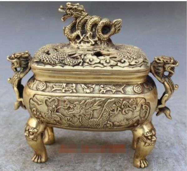 Dragão de bronze antigo chinês marcado, dragão foo fu, cachorro, leão, queimador de incenso, incensário 9066591