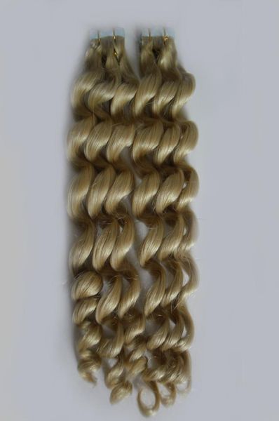 Unbearbeitete Tape-Extensions der Güteklasse 7a, 100 g, 40 Stück, brasilianisches reines, loses, lockiges Haar, Hauteinschlag-Tape-Haarverlängerungen, Bleichblond, mrs7609689