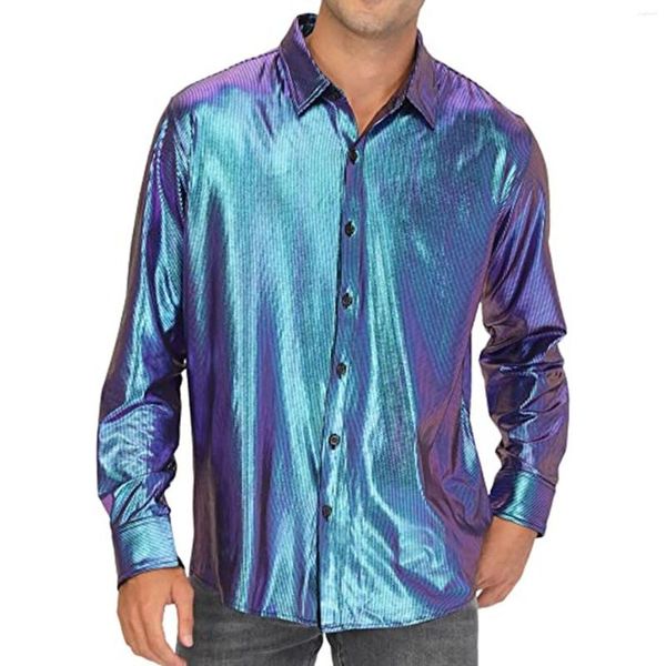 Magliette da uomo a maniche lunghe con risvolto camicia abbottonata alla moda con paillettes abito casual slim top tinta unita da uomo