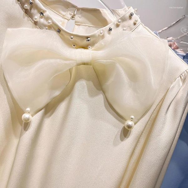 Frauen Blusen Luxus Perlen Großen Bogen Süße Shirts Und Für Frauen Frühling 2024 Einfarbig Lange Ärmeln Chiffon Top blusas Para Mujer