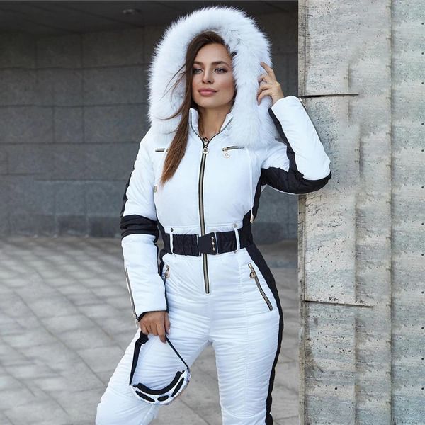 Ski-Overall für Damen, Weiß mit schwarzem Einsatz, Ski-Winteranzüge, bequeme Kunstpelzjacke mit Kapuze, modische warme Damen-Hosenanzug-Sets 231229