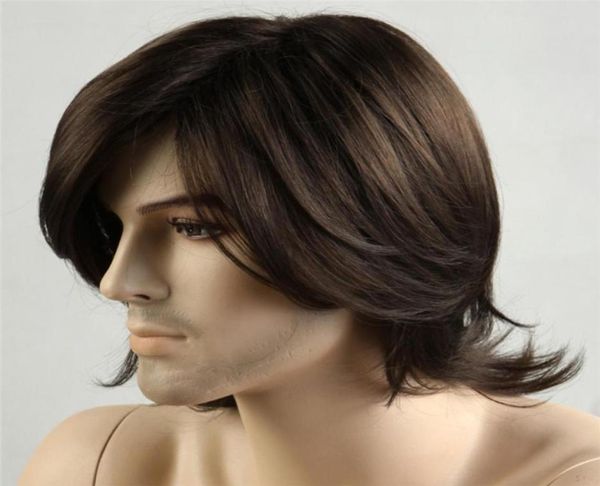 Homens curtos Perucas Sintéticas Natural Cor Preta Natural Ondulado Cabelo Curto Homens Perucas de Cabelo Liso Preto Mens Peruca Sintética Calor Resistan8385907