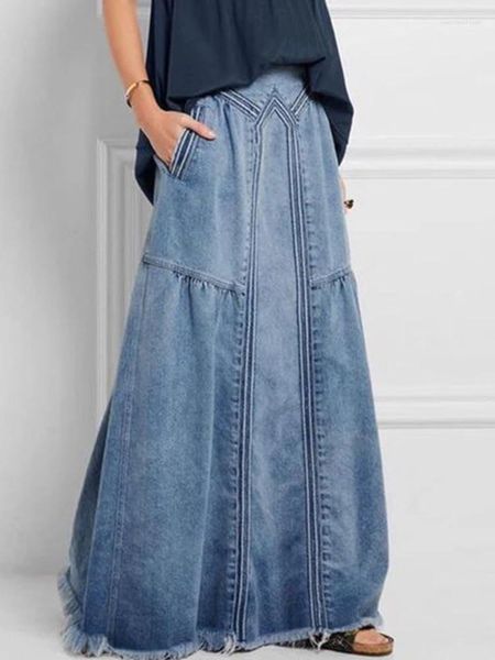 Saias das mulheres 2024 vintage regado denim saia feminina verão cintura alta meia saia marca senhoras longdress elegante queda