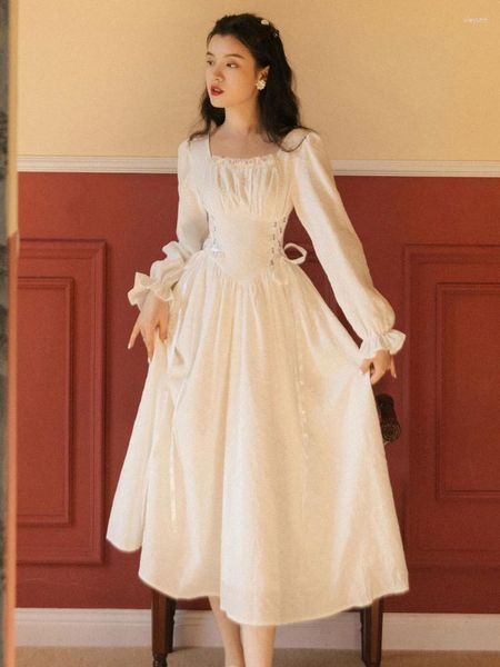Повседневные платья Жаккардовое длинное платье феи во французском стиле, весна-осень, женское платье с квадратным воротником, белое, черное, повязочное, классическое женственное шик