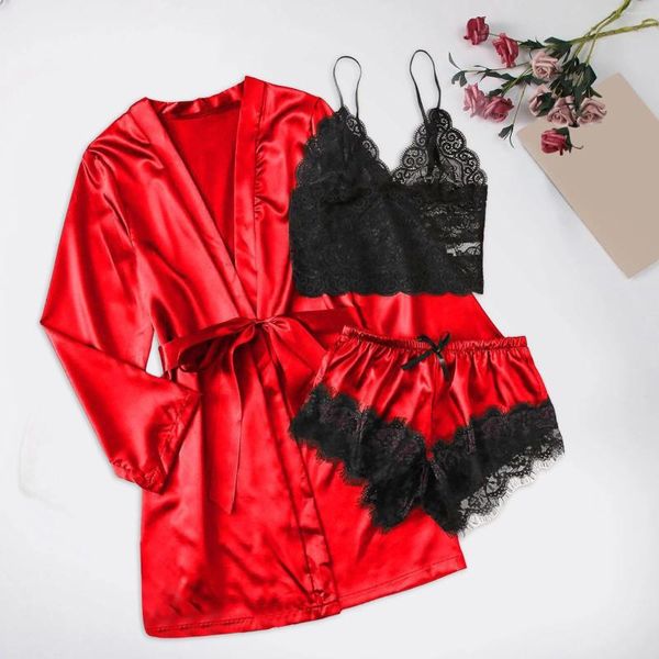 Pigiama in raso di seta da donna pigiama set 3 pezzi Lingerie pizzo floreale ricamo tinta unita vestaglia pigiama da notte indossa