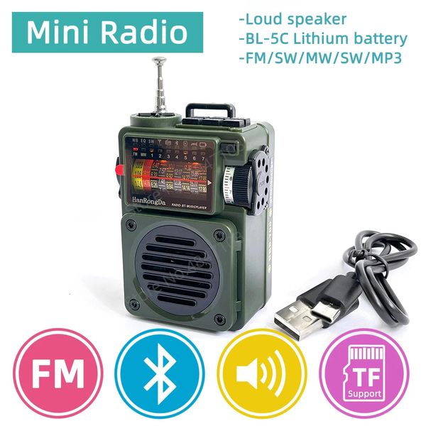 Rádio portátil mini bolso fm am mw sw wb receptor de banda completa leitor de música suporte bluetooth mp3 spectrumlight tf-cartão bateria 240102