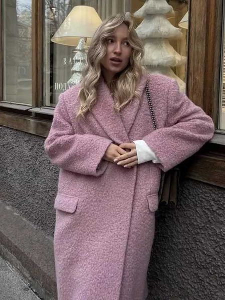 Женское полушерстяное розовое пальто с лацканами из овечьей шерсти. Женское элегантное длинное пальто с длинным рукавом и одной пуговицей. Свободное пальто большого размера 2023. Осень-зима. Шикарная уличная одежда J231227.