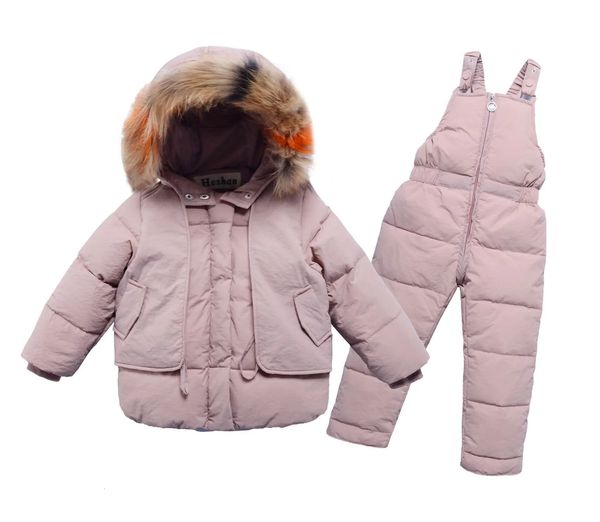 Inverno quente crianças soprador terno de esqui bebê meninas meninos liso destacável pele para baixo jaqueta zíper macacão calça conjunto criança outfit 1-8 anos 231229