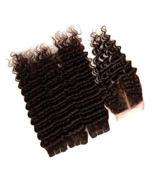 Cabelo virgem brasileiro marrom escuro tece com fechamento onda profunda 4 pacotes de cabelo humano marrom chocolate ofertas 3 peças com frente 4x4 lac8058662