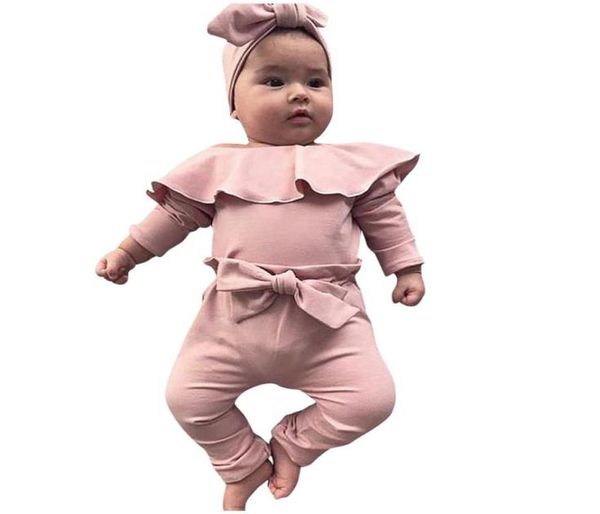 Conjunto de roupas para bebês meninas recém-nascidas, macacão sólido com babados, calça e laço, roupas infantis para recém-nascidos, roupas infantis 1468892