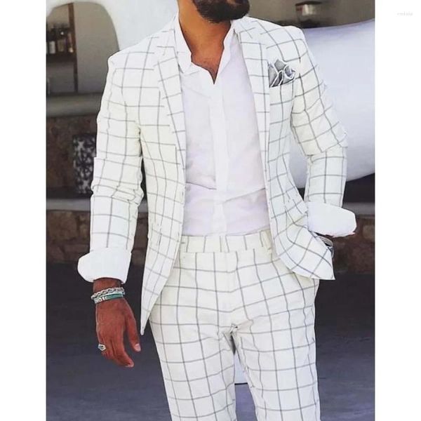 Ternos masculinos Plaid Branca para homens Elegantes Notch Business Business Casual Diário Roupa de escritório formal Tuxedo Clothing 2 Piece