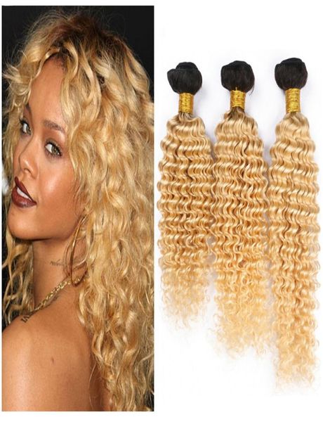 Dois tons de cabelo humano tece 1b 613 loira extensões de cabelo virgem 3 pçslote loira ombre profunda encaracolado extensões de cabelo humano 1608947