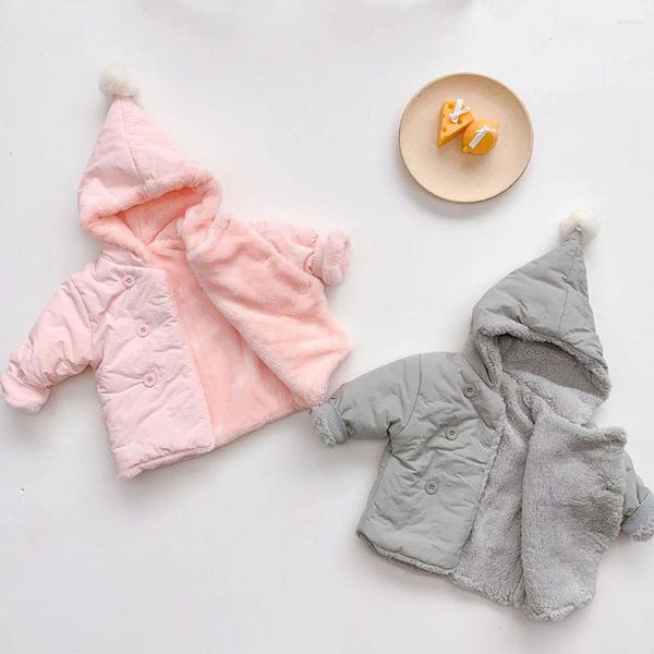 Jacken Winter Solide Plus Fleece Warme Baby Jungen Mädchen Oberbekleidung Nette Stereo Ball Langarm Strickjacke Mit Kapuze Infant Gepolsterte kleidung