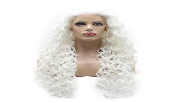 Iwona cabelo encaracolado longo peruca branca 181001 meia mão amarrada resistente ao calor peruca dianteira do laço sintético 1542753