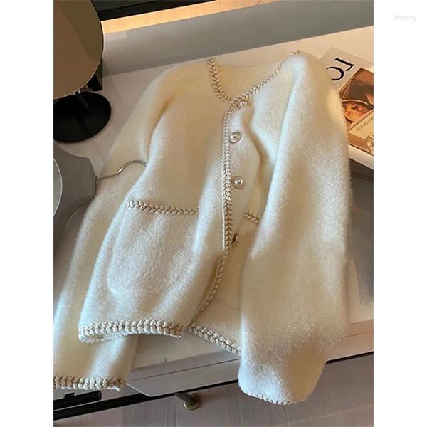 Jaquetas femininas Mexzt Mink Cashmere Sweater Cardigan Mulheres Elegante Vintage Pérola Botão Casacos Outono Inverno Coreano Casual Knit Outerwear