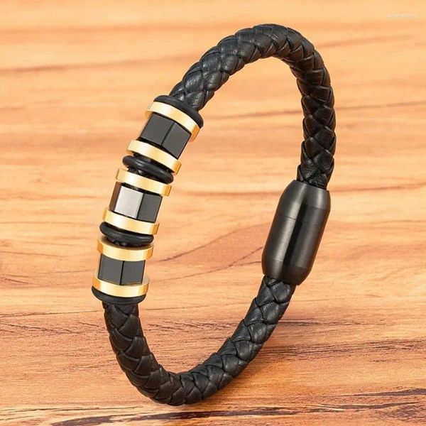 CHARM BRACELETS XQNI Klasik Tek Katmanlı Örgü Deri Bilezik Metal Paslanmaz Çelik Manyetik Toka Bangles Erkek Günlük Takı Hediyesi