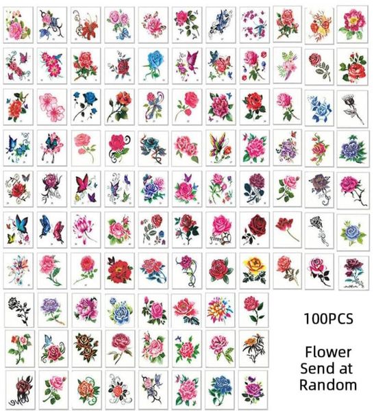 100 Stück temporäre Tattoo-Aufkleber, Blumen, Katzenarme, Füße, Tattoo, bunte Körperkunst, wasserfest, Rose, Fake für Kinder und Frauen