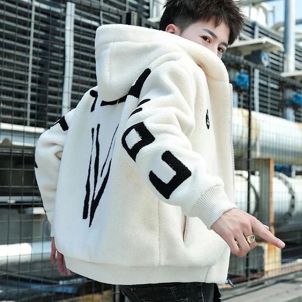 Casaco de lã masculino roupas coreano zíper casual algodão acolchoado jaqueta masculina outono moda bolso jaqueta de manga comprida 240102