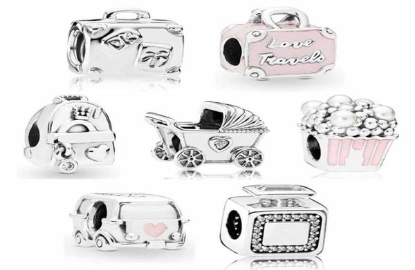 925 Sterling Silber baumelnder Charme Original Baby Kinderwagen mit Kristall Koffer Reise Popcorn Perlen Perlen Bead Fit Charms Armband DIY Schmuck Zubehör8463295