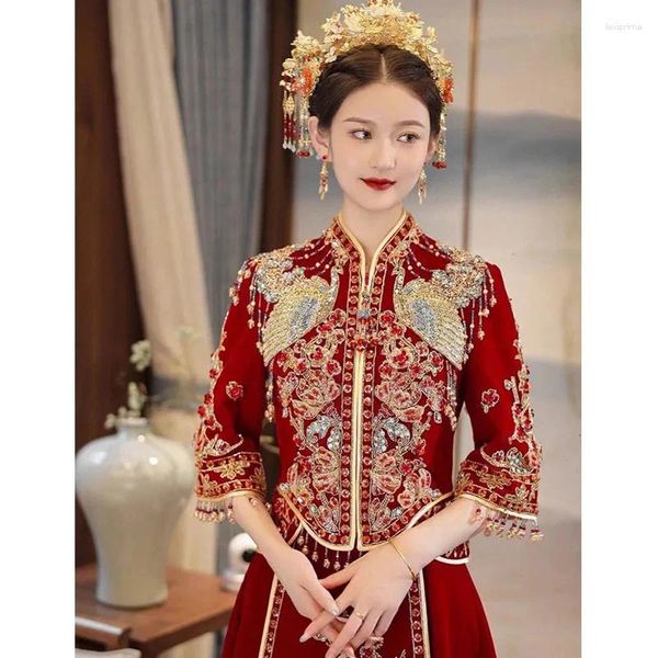 Ethnische Kleidung, Damen-Brautkleid, Brautkleider, Retro-Chinesisch, traditionell, Xiuhe, Cheongsam, The Toast, lange Kleider