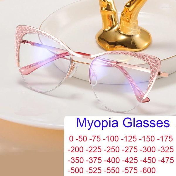 Sonnenbrille Frauen Cat Eye Rezept Myopie Gläser Mode Marke Metall Halb Rahmen Computer Brillen Anti Blau Licht Optische -2