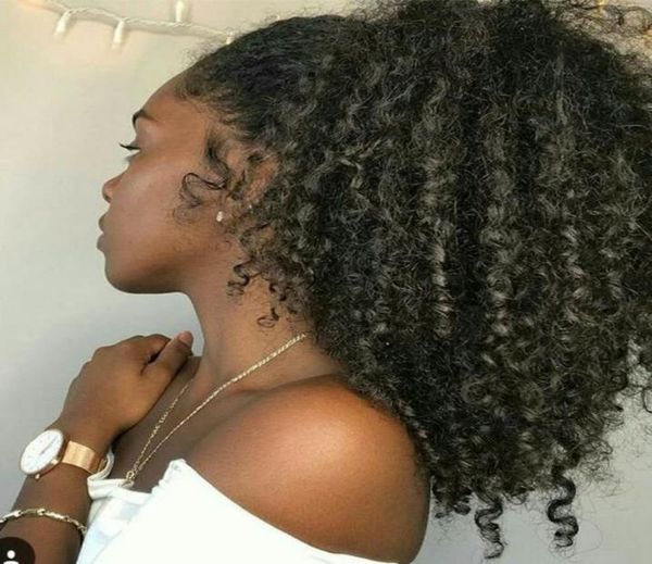 Fácil rabo de cavalo penteados clipe no cabelo humano cordão rabo de cavalo 1b kinky encaracolado cordão rabo de cavalo afro puffs virgem pônei encaracolado t5631590