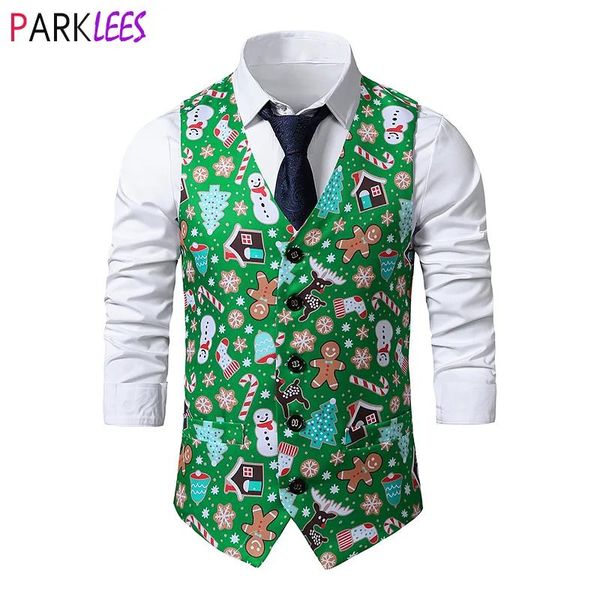 Blazers colete de natal verde masculino 2020 moda homem pão de gengibre impressão do floco de neve coletes masculino navidad festa festival traje chaleco