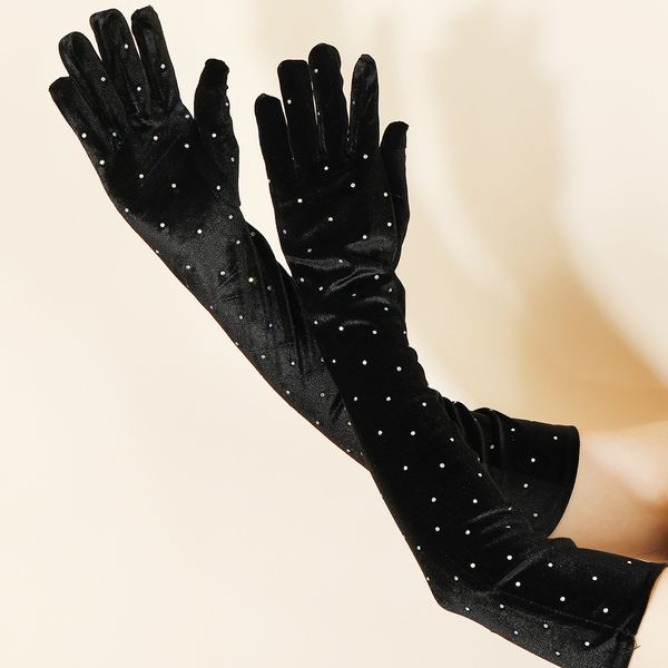 Bühnenkleidung, Tanzzubehör, schwarze Flash-Diamant-Handschuhe, lange, warme Samt-Ritual-Herbst-/Winter-Ball-Retro-Party-Brautkleid-Handschuhe